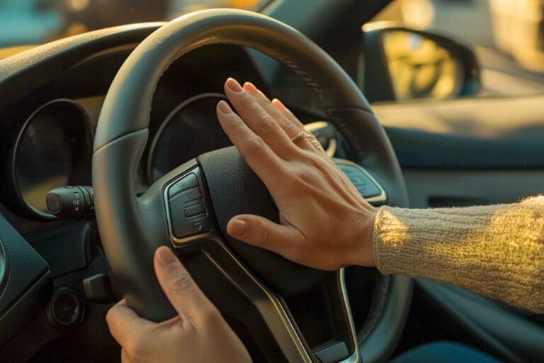 A close-up of a female hand on the steering wheel focusing on her confident hands as she presses the horn