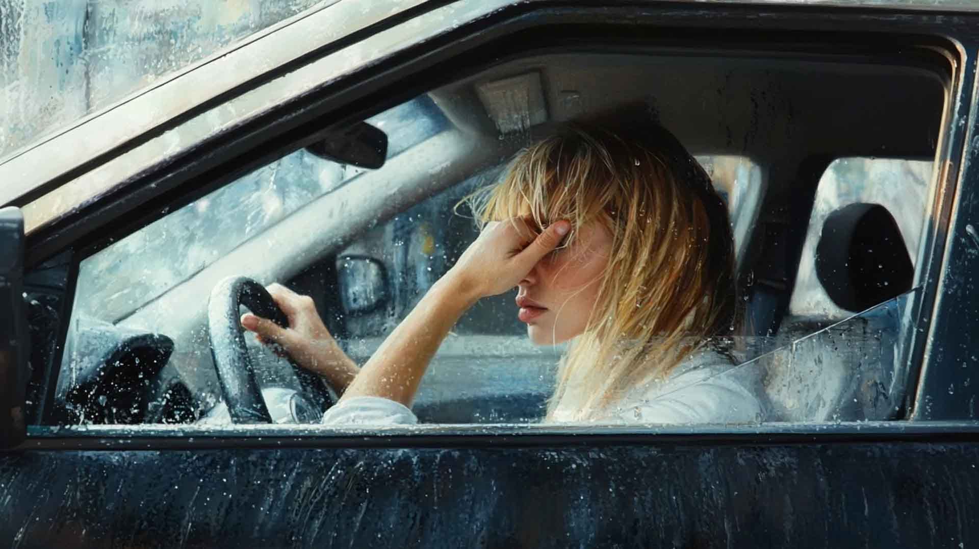 A woman sitting in the driver's seat of her black car, holding one hand to her head and looking out through the windshield at traffic on an urban street. She has blonde hair with bangs hanging down over her face, wearing a white t-shirt, jeans, and driving shoes. The weather is rainy. Hyper-realistic oil painting in the style of Jeremy Mann.